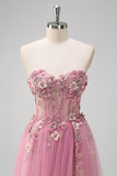 Taro A Line Sweetheart Corset 3D Flowers Beaded Prom Dress With Slit