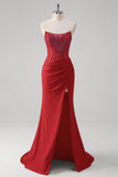 Sparkly Red Mermaid Strapless Corset Beaded Ruched Long Prom Dress With Slit