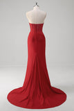 Sparkly Red Mermaid Strapless Corset Beaded Ruched Long Prom Dress With Slit