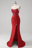 Sparkly Red Mermaid Strapless Corset Beaded Ruched Long Prom Dress With Slit