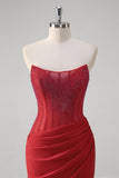 Sparkly Red Mermaid Strapless Corset Beaded Ruched Long Prom Dress With Slit