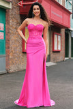 Fuchsia Mermaid Strapless Corset Appliqued Long Prom Dress with Slit