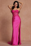 Fuchsia Mermaid Strapless Ruched Corset Beaded Long Prom Dress With Slit