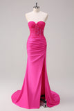 Glitter Fuchsia Mermaid Strapless Ruched Corset Long Prom Dress With Slit