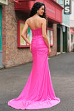 Fuchsia Mermaid Strapless Corset Appliqued Long Prom Dress with Slit