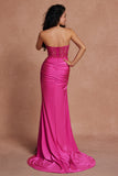 Fuchsia Mermaid Strapless Ruched Corset Beaded Long Prom Dress With Slit