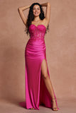 Fuchsia Mermaid Strapless Ruched Corset Beaded Long Prom Dress With Slit