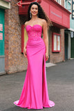 Fuchsia Mermaid Strapless Corset Appliqued Long Prom Dress with Slit