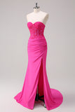 Glitter Fuchsia Mermaid Strapless Ruched Corset Long Prom Dress With Slit