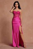 Fuchsia Mermaid Strapless Ruched Corset Beaded Long Prom Dress With Slit