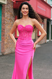 Fuchsia Mermaid Strapless Corset Appliqued Long Prom Dress with Slit