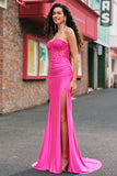 Fuchsia Mermaid Strapless Corset Appliqued Long Prom Dress with Slit