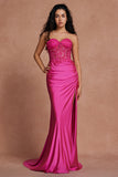 Fuchsia Mermaid Strapless Ruched Corset Beaded Long Prom Dress With Slit