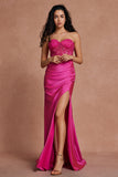 Fuchsia Mermaid Strapless Ruched Corset Beaded Long Prom Dress With Slit