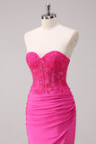 Glitter Fuchsia Mermaid Strapless Ruched Corset Long Prom Dress With Slit