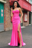 Fuchsia Mermaid Strapless Corset Appliqued Long Prom Dress with Slit