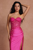 Fuchsia Mermaid Strapless Ruched Corset Beaded Long Prom Dress With Slit