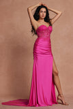 Fuchsia Mermaid Strapless Ruched Corset Beaded Long Prom Dress With Slit