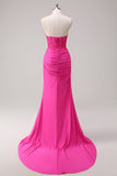 Fuchsia Mermaid Strapless Corset Appliqued Long Prom Dress with Slit