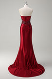 Sparkly Burgundy Mermaid Strapless Sequin Beaded Long Prom Dress with Slit