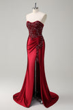 Sparkly Burgundy Mermaid Strapless Sequin Beaded Long Prom Dress with Slit