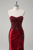 Sparkly Burgundy Mermaid Strapless Sequin Beaded Long Prom Dress with Slit