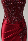 Sparkly Burgundy Mermaid Strapless Sequin Beaded Long Prom Dress with Slit