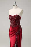 Sparkly Burgundy Mermaid Strapless Sequin Beaded Long Prom Dress with Slit