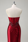 Sparkly Burgundy Mermaid Strapless Sequin Beaded Long Prom Dress with Slit