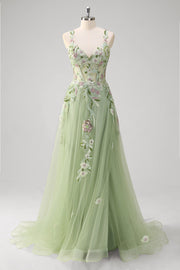 Sparkly Green A-Line Spaghetti Straps Corset Sequin Long Prom Dress With Slit