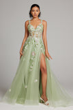 Sparkly Green A-Line Spaghetti Straps Corset Sequin Backless Long Prom Dress with Slit