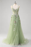 Green Tulle A Line Sparkly Sequin Corset Embroidered Long Prom Dress with Slit