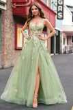 Green Tulle A Line Sparkly Sequin Corset Embroidered Long Prom Dress with Slit