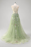 Green Tulle A Line Sparkly Sequin Corset Embroidered Long Prom Dress with Slit