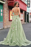 Green Tulle A Line Sparkly Sequin Corset Embroidered Long Prom Dress with Slit