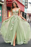 Green Tulle A Line Sparkly Sequin Corset Embroidered Long Prom Dress with Slit