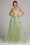 Sparkly Green A-Line Spaghetti Straps Corset Sequin Backless Long Prom Dress with Slit