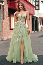 Green Tulle A Line Sparkly Sequin Corset Embroidered Long Prom Dress with Slit