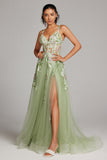 Sparkly Green A-Line Spaghetti Straps Corset Sequin Backless Long Prom Dress with Slit