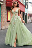 Green Tulle A Line Sparkly Sequin Corset Embroidered Long Prom Dress with Slit