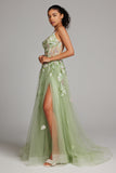 Sparkly Green A-Line Spaghetti Straps Corset Sequin Backless Long Prom Dress with Slit