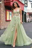 Green Tulle A Line Sparkly Sequin Corset Embroidered Long Prom Dress with Slit