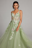 Sparkly Green A-Line Spaghetti Straps Corset Sequin Backless Long Prom Dress with Slit