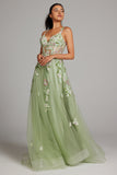 Sparkly Green A-Line Spaghetti Straps Corset Sequin Backless Long Prom Dress with Slit