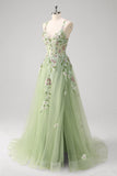 Sparkly Green A-Line Spaghetti Straps Corset Sequin Backless Long Prom Dress with Slit