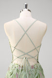 Sparkly Green A-Line Spaghetti Straps Corset Sequin Long Prom Dress With Slit