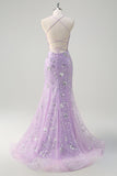 Sparkly Lilac Mermaid Spaghetti Straps Corset Sequin Long Prom Dress With Lace Up Back