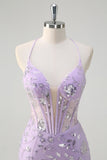 Sparkly Lilac Mermaid Spaghetti Straps Corset Sequin Long Prom Dress With Lace Up Back