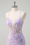 Sparkly Lilac Mermaid Spaghetti Straps Corset Sequin Long Prom Dress With Lace Up Back