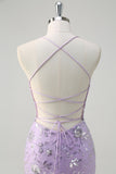 Sparkly Lilac Mermaid Spaghetti Straps Corset Sequin Long Prom Dress With Lace Up Back